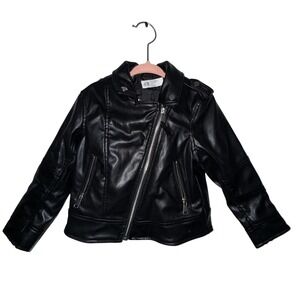H&M Biker Jacket 4T Black Faux Leather Moto Heart Lining Edgy Rocker Streetwear